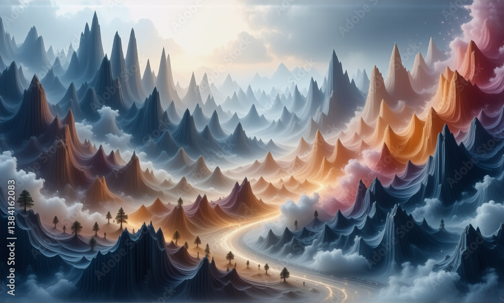Poster pastel mountain landscape with winding path. dreamy scenery with soft colors, clouds and ethereal at