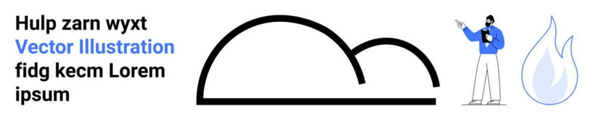 Curved black shapes, a minimalist figure holding a book or tablet, and a flame graphic. Ideal for education, technology, creativity, teamwork, inspiration, minimal art and a simple landing page