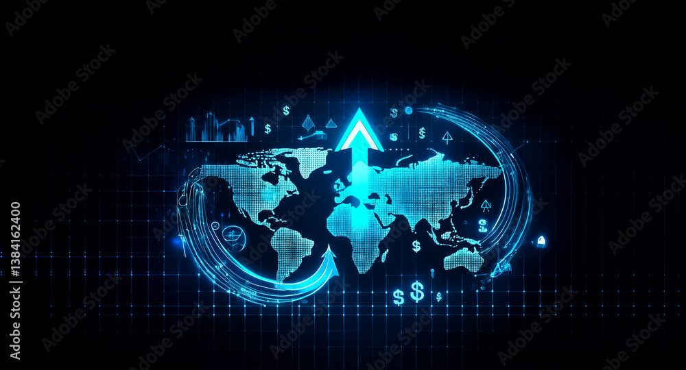 Poster digital representation of a world map with a bright upward arrow, surrounded by abstract data elemen