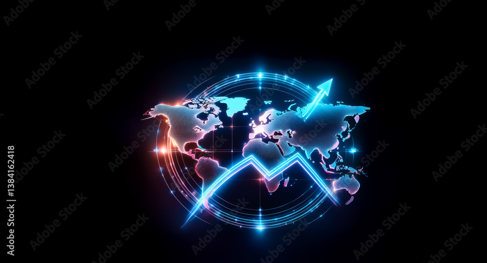 Poster glowing digital world map with a dynamic graph line trending upward. futuristic design with blue and