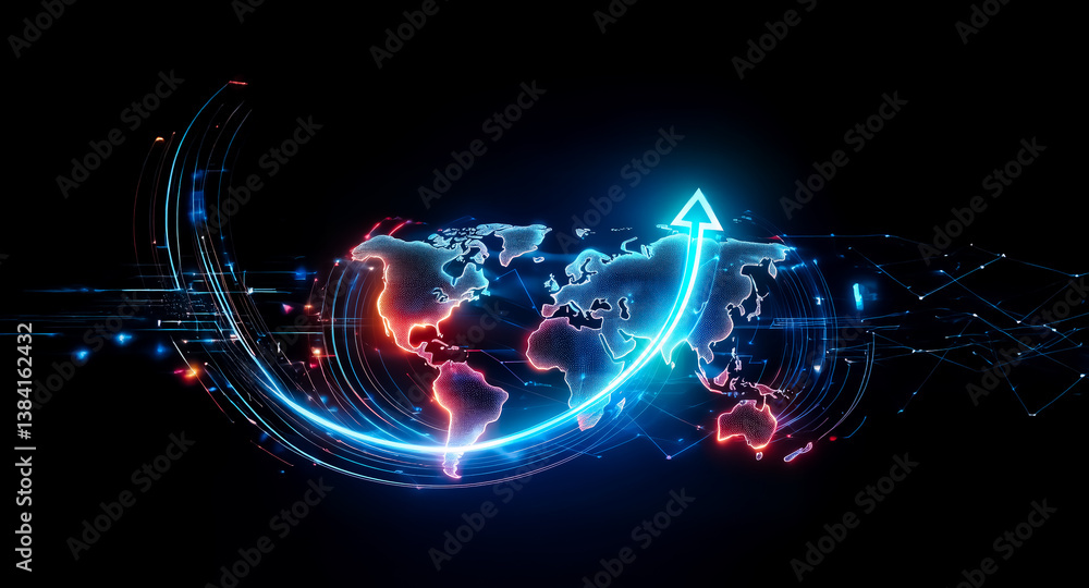 Poster illuminated arrow curves over a world map, symbolizing global expansion and digital network on a dar