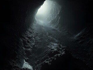 dark underwater cave, mysterious depths, shadowy abyss, dark blue and black tones, hidden passage