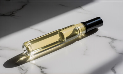 Fototapeta premium A glass bottle with black cap rests on a white marble surface. Golden liquid is inside the bottle. Sunlight casts a strong shadow, creating contrast and highlighting the bottle's shape.