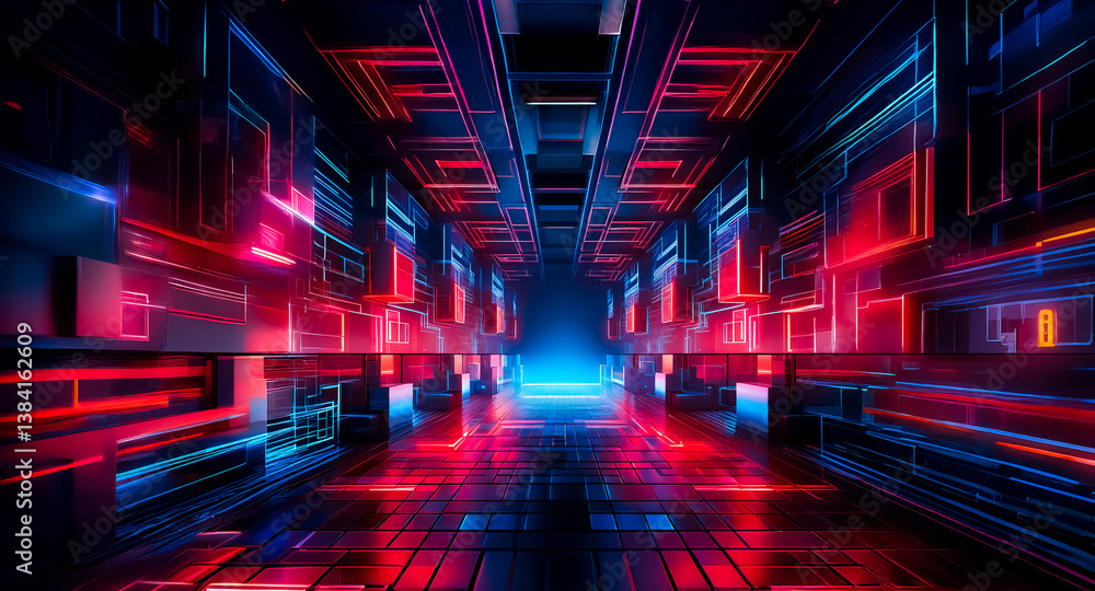 Poster futuristic tunnel with vibrant red and blue neon illumination. abstract geometric structure with per