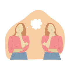 Thoughtful Young two woman in Pink Sweater and Blue Jeans.Hand Drawn Vector Illustration.