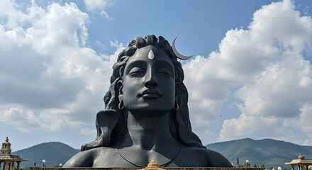 Majestic Adiyogi statue captured against a bright, cloud-filled sky landscape