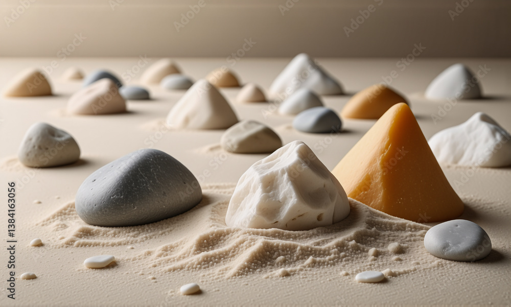 Aufkleber various shaped objects in neutral tones are arranged on a textured sandy surface. the composition in