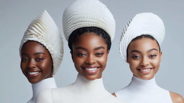 Three Young Black Fashion Models Wearing High Frequency Minimalist Headwear.