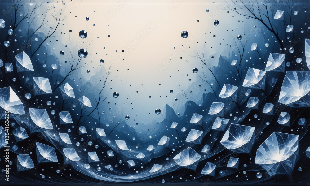 Aufkleber abstract winter scene with diamond shapes and water droplets on a soft blue backdrop. tree branch si