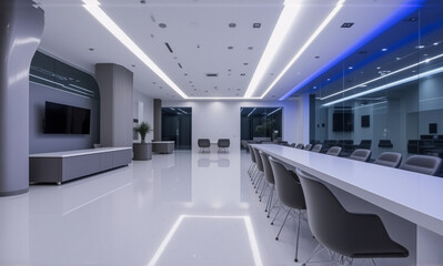 Sleek, contemporary office interior with minimalist design.  Bright, empty room features polished floors, modern lighting, and rows of chairs.  A clean, professional workspace.