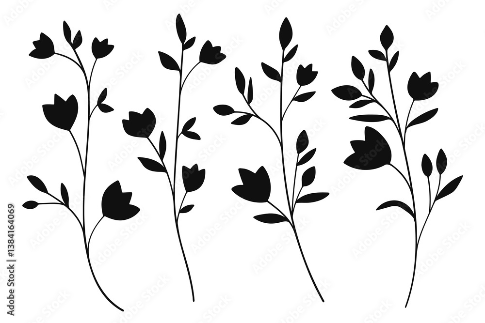 Wall mural silhouette twigs with leaves in a botanical set.vector illustration