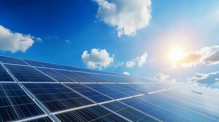 Illuminating the future: Solar panels under a vibrant sky with scattered clouds