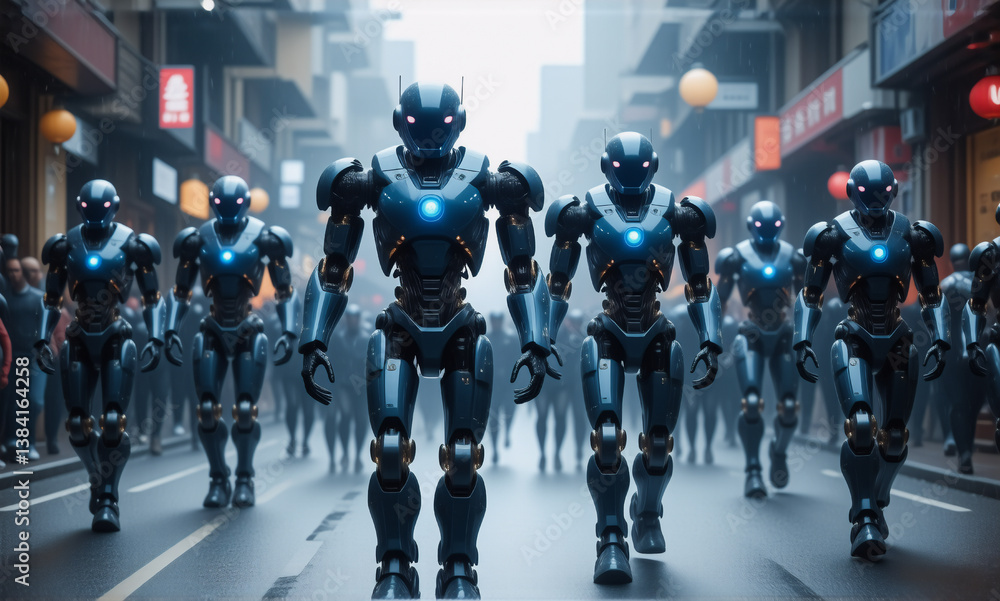 Poster futuristic robots march down a city street in a synchronized manner, amongst a blurred crowd of peop