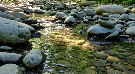 Obraz premium Peaceful Riverbed With River Smoothed Stones And Zen Rock Stacking