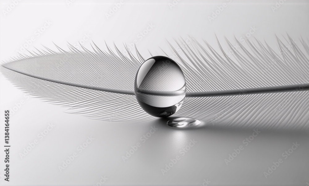 Poster a delicate feather rests on a plain white backdrop. a clear water droplet sits on the feather, showc