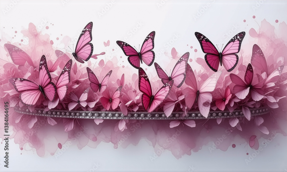 Poster elegant pink butterflies flutter amidst delicate floral blooms, creating a whimsical and decorative 