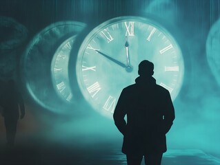 lone figure, multiple clocks, surreal landscape, mysterious atmosphere, time concept