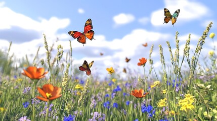 A vibrant spring meadow with colorful butterflies flying among the wildflowers.