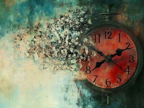exploding clock, fragmented pieces, abstract art, vibrant colors, dynamic movement