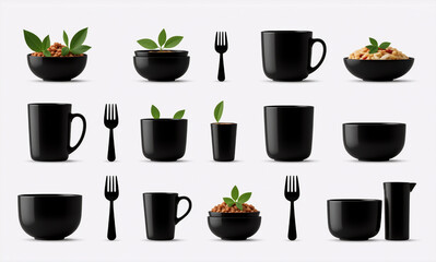 Sleek black kitchenware assortment features bowls, mugs, cups, forks, and a pitcher, some with green leaves for a touch of nature.