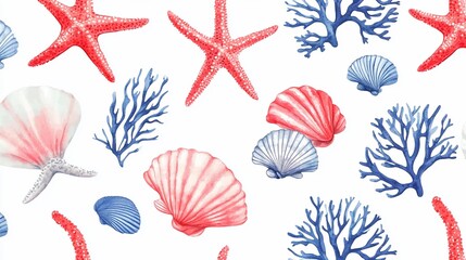 Watercolor Ocean Treasures: Starfish, Coral, and Shells Seamless Nautical Pattern