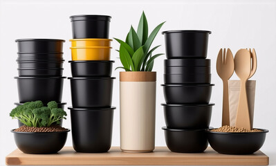 Various kitchen containers and utensils are neatly arranged on a wooden shelf against a clean white backdrop. Plants add a touch of nature to the organized setup.