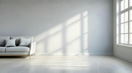 Fototapeta premium Bright And Airy Minimalist Living Room With White Sofa And Sunlight