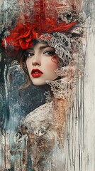Red Roses and Lace: A Dramatic Portrait Painting