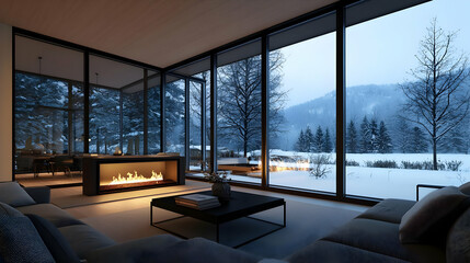 Fototapeta premium Modern Winter Home Interior With Fireplace And Mountain View