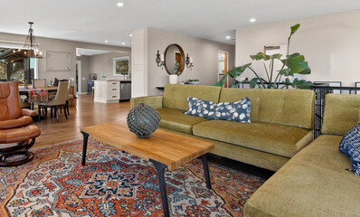 A cozy couch, coffee table, chair, and stylish rug in the room