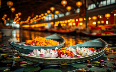 Fototapeta premium Boats laden with flowers drift on water adorned with lily pads, illuminated by warm lantern light, creating a festive and vibrant canal scene.