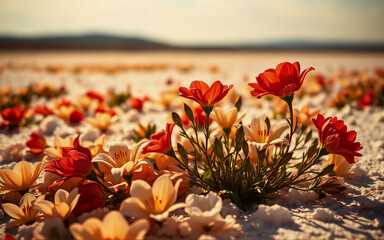 Vibrant red and orange wildflowers bloom in a sunlit field. The soft focus background creates a serene and natural scene, highlighting the colorful blossoms.