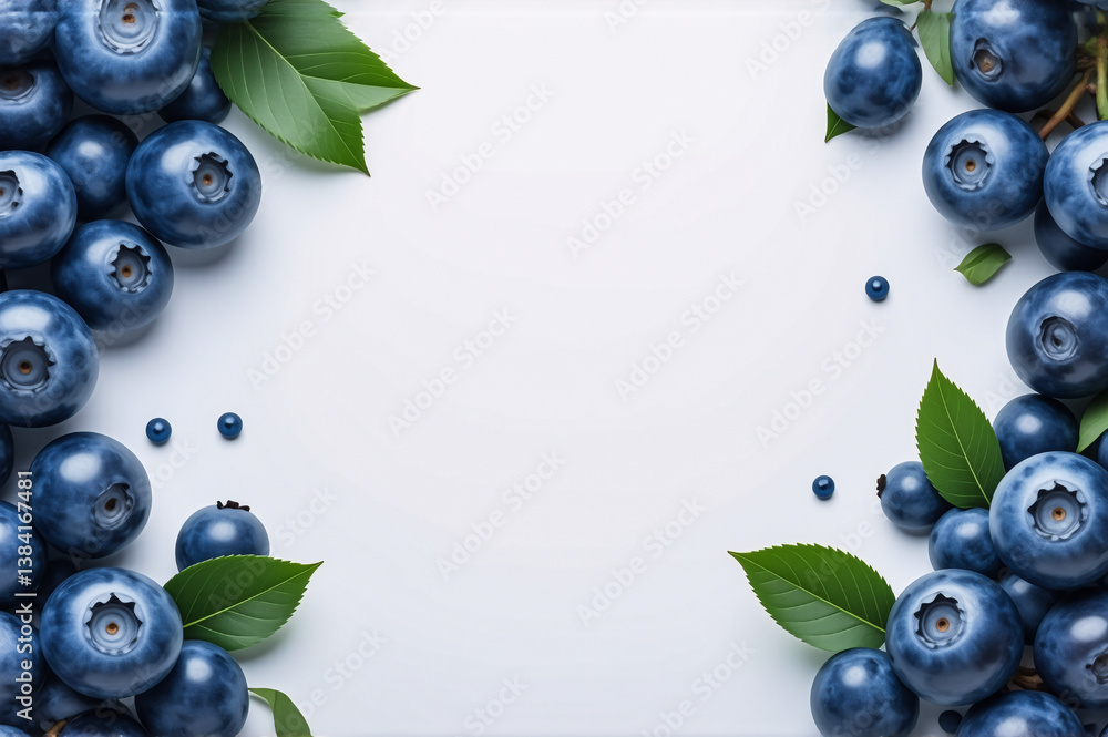 Poster fresh blueberries and green leaves are arranged to create a natural border on a clean white surface,