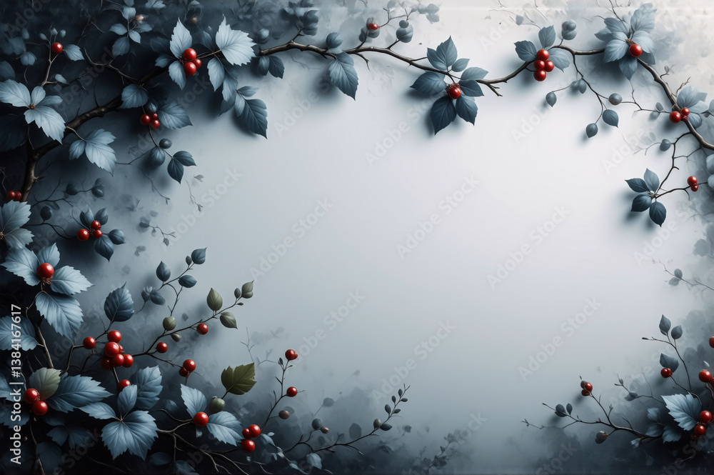 Poster delicate branches with blue-grey leaves and vibrant red berries create a beautiful frame against a s