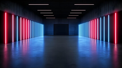 Fototapeta premium Red And Blue Neon Lights In Empty Concrete Studio