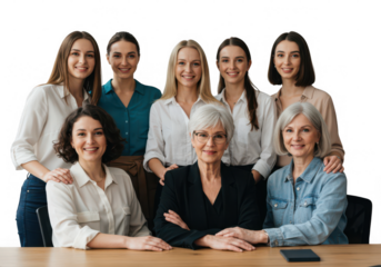 Group of women of different ages smiling and posing together at a conference table in an office space
