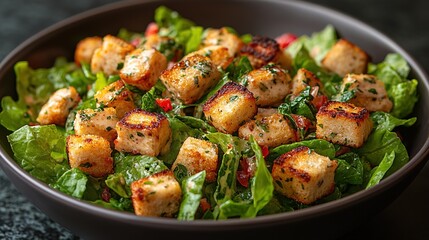 Close-up of enticing crouton salad with vibrant leafy greens in a dark bowl