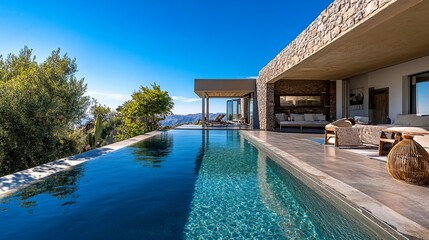 Fototapeta premium Luxury Modern Villa Infinity Pool Stunning Mountain View Design Home Architecture Real Estate Property Mediterranean Blue Water Relaxation Vacation 