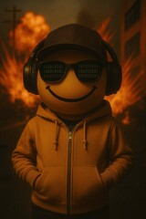 Digitale 3D-Smiley-Figur mit Binärcode-Sonnenbrille und Kopfhörern vor Explosion in dunkler Stadt bei Nacht