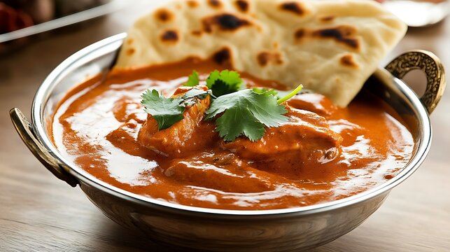 A vibrant bowl of rich, creamy curry garnished with fresh cilantro, accompanied by soft naan bread, presenting an enticing and aromatic dish