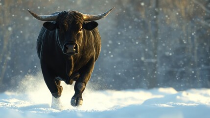 Black Longhorn Bull Running in Snowy Landscape