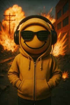 Humanoide 3D-Figur mit Smiley-Kopf, Kopfh&ouml;rern und Hoodie vor Explosionen in dystopischer Stadtkulisse