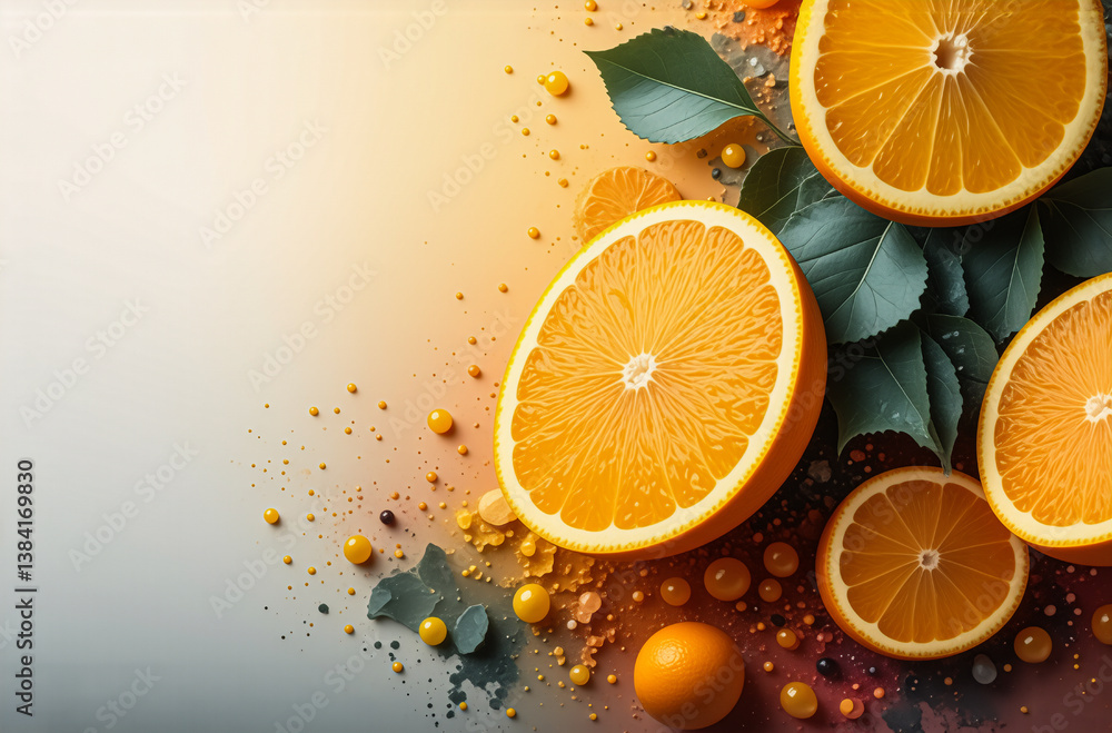 Poster Vibrant orange slices with green leaves are scattered on a gradient backdrop with colorful splatters, creating a fresh and lively fruit still life composition.