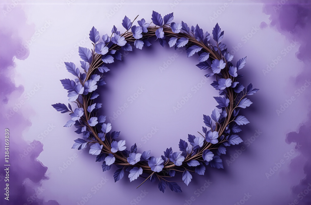 Poster delicate purple leaf wreath on a soft violet backdrop. botanical circle with branches and leaves. ce