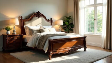 Obraz premium Elegant master bedroom with ornate wooden bed, plush bedding, and soft lighting