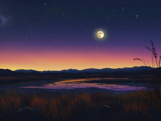 Fototapeta premium night landscape painting full moon calm water dark silhouettes distant hills