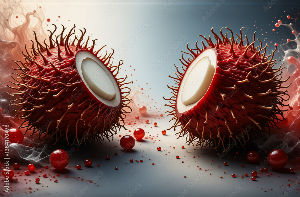 Poster two spiky red rambutan fruit halves display white flesh, facing each other. red droplets and particl