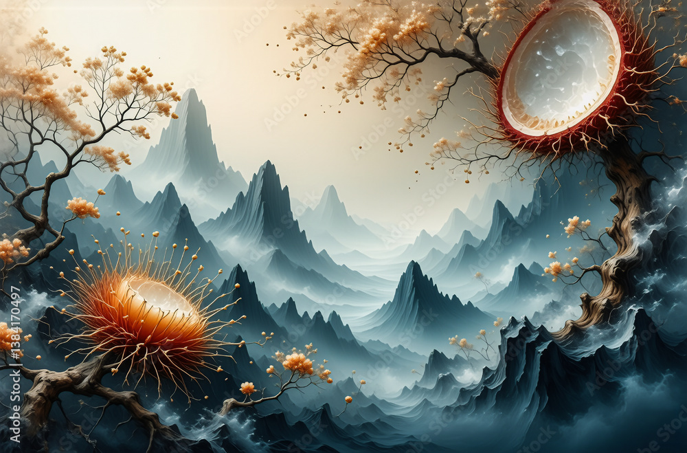 Poster misty mountain landscape featuring unique spherical shapes suspended from trees, creating a serene a