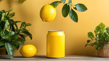 Floating Lemon Above Yellow Can,  Citrus & Plants