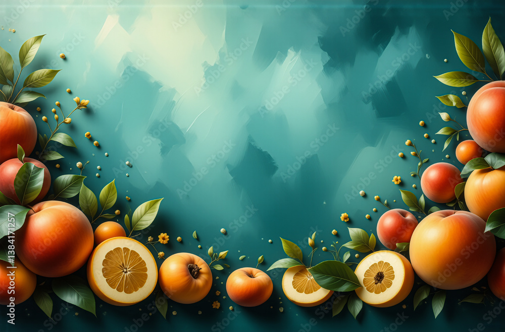 Poster fresh fruits like peaches and oranges with green leaves are scattered on a teal watercolor style bac
